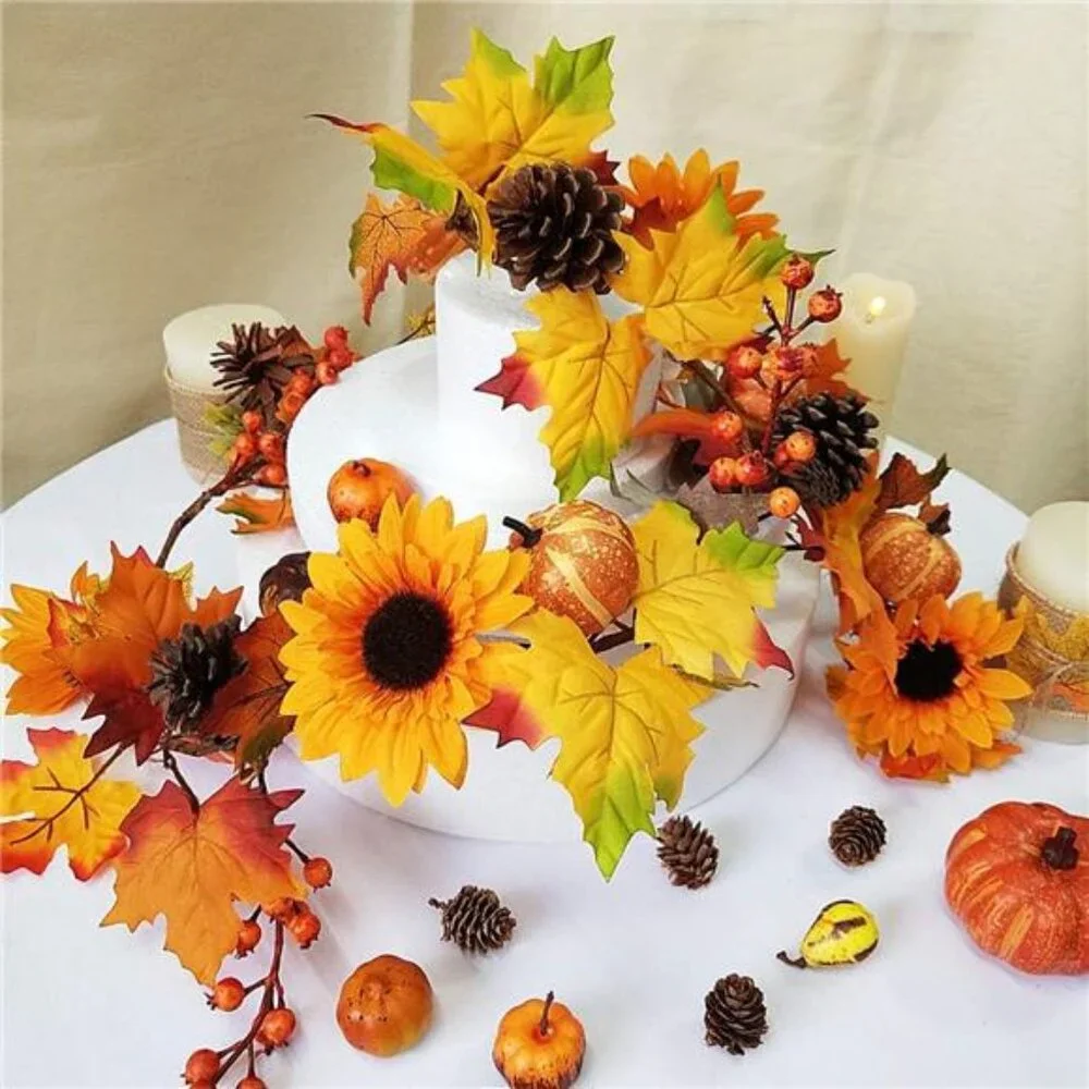 2 Pack Fall Maple Leaf Garland - 6ft/Piece Artificial Berries Sunflower Pumpkin